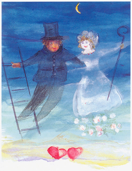 Watercolour illustration of The Shepherdess and the Chimneysweep by Marius Guldager