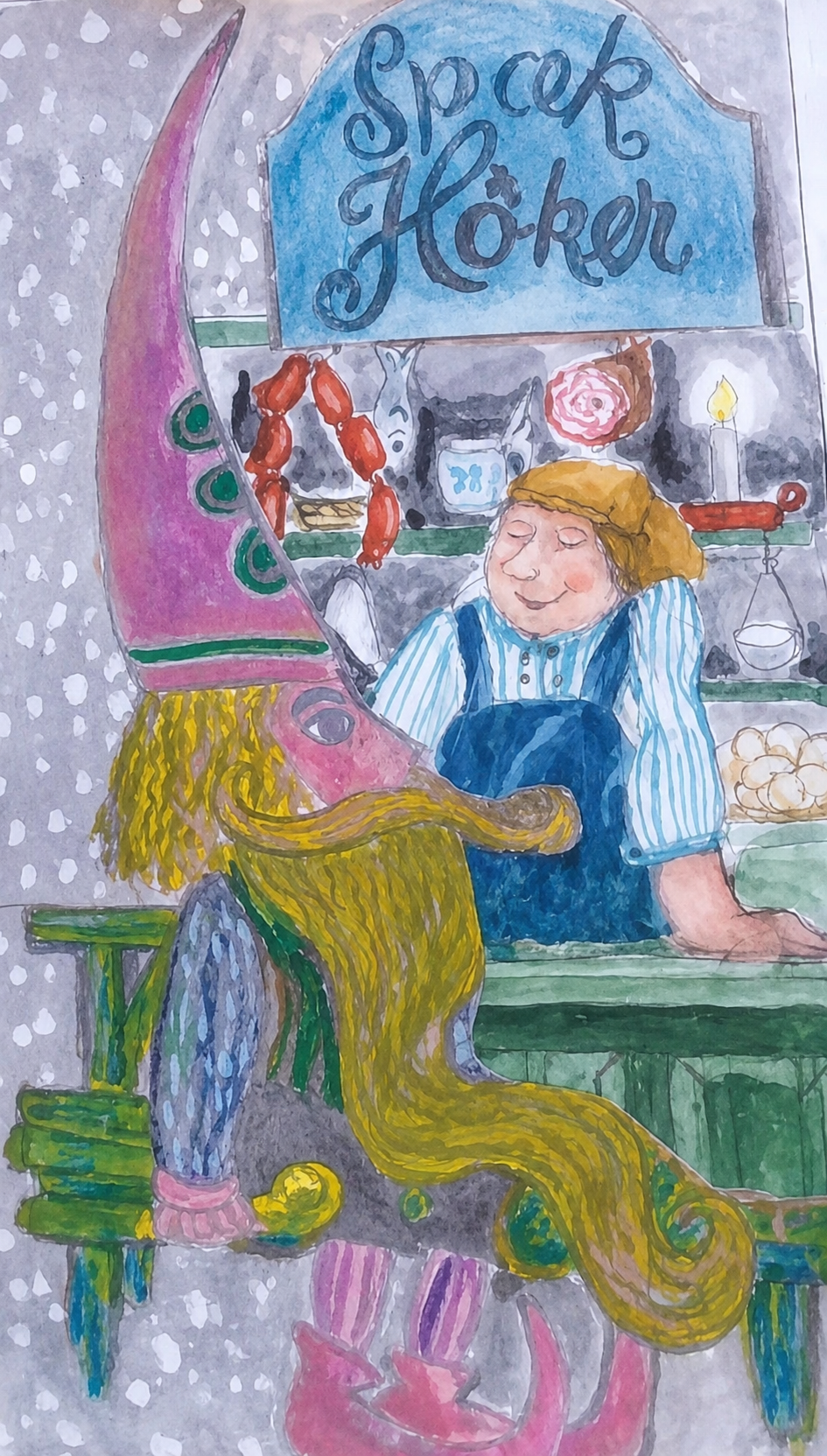 Watercolour illustration of The Goblin at the Grocer's by Marius Guldager