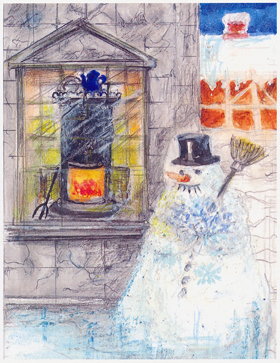 Watercolour illustration of The Snowman by Marius Guldager