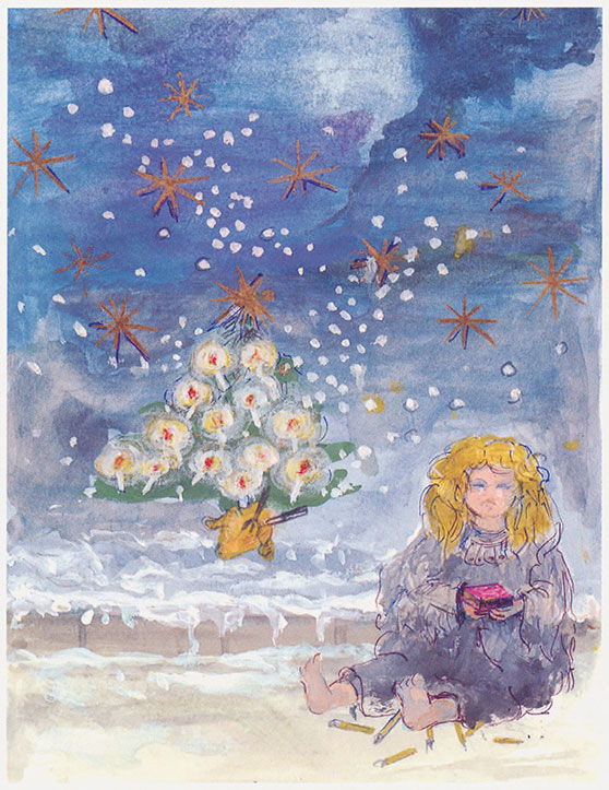 Watercolour illustration of The Little Match Girl by Marius Guldager