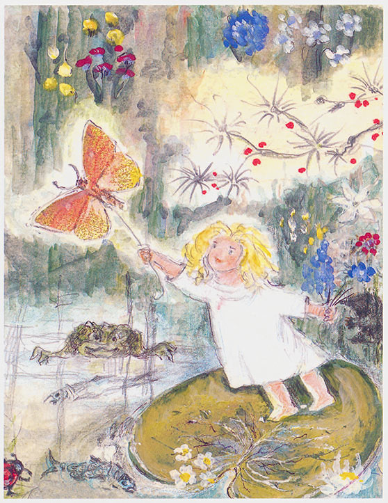 Watercolour illustration of Thumbelina by Marius Guldager